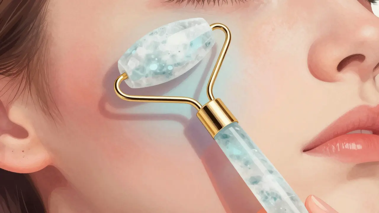 Zvětšený pohled na kůži s chladícím efektem od chladicí koulečky, který uklidňuje záněty.