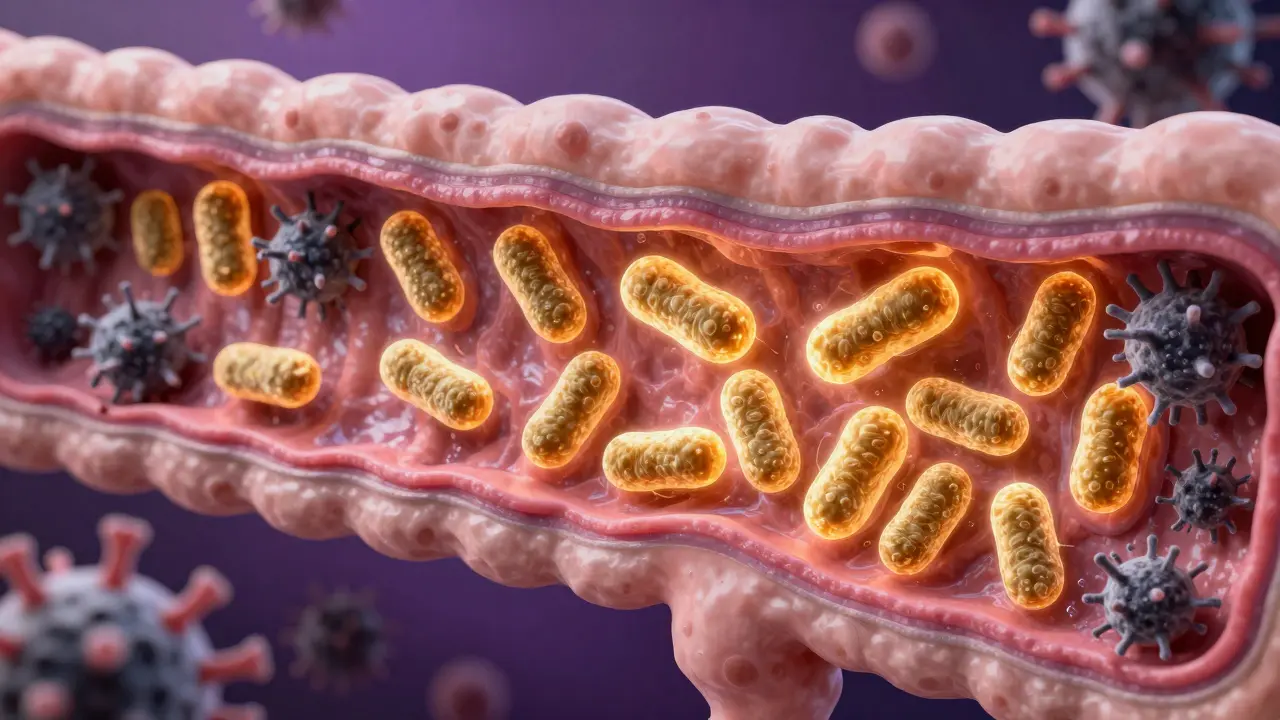 3D ilustrace laktobacilů kolonizujících stěnu střeva.