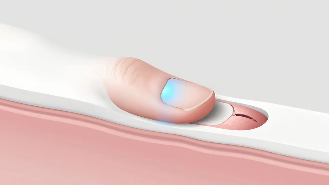 Anatomický náhled nehtového lůžka a oblasti růstu nehtu.