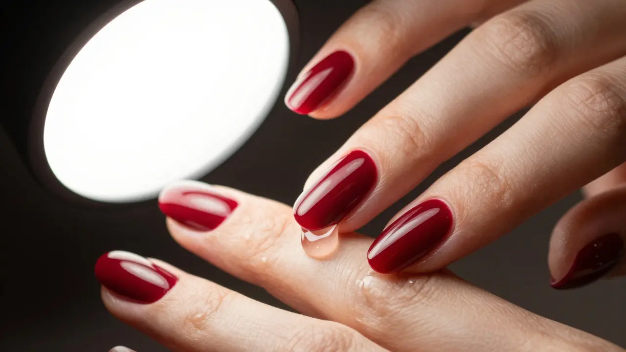 Aplikace plejivého oleje na perfektně nalakovaný nehet pro hydrataci kůžiček.