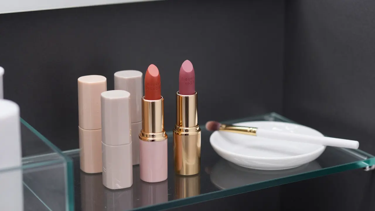 Čisté a organizované úložiště rtěnek s profesionálním štětcem na rty.