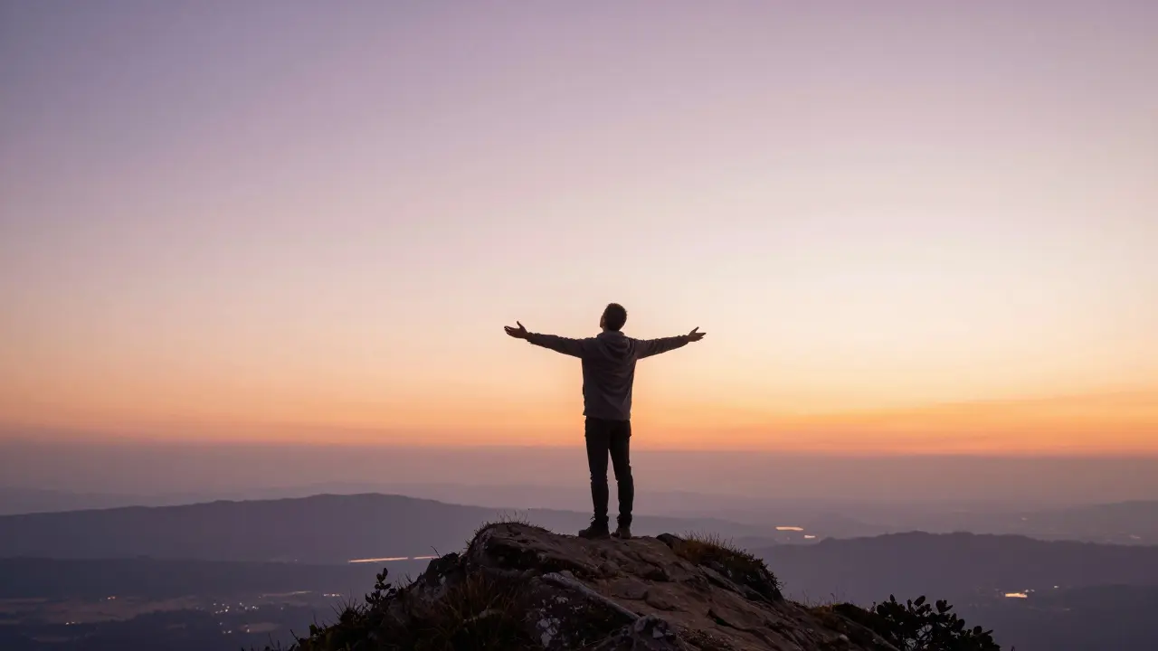 Člověk stojí na vrcholu hory při východu slunce a pocítí svobodu a klid.