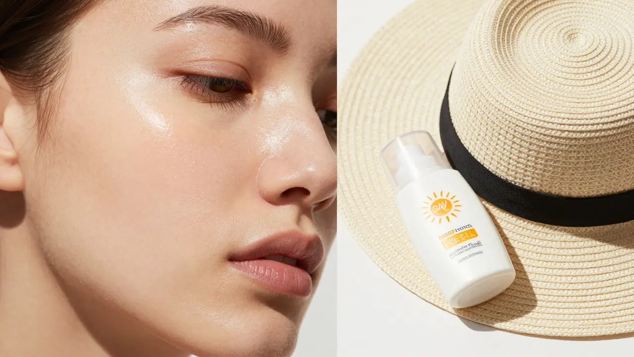 Detail zářivé, hydratované pleti vedle klobuku a ochranného SPF krému.