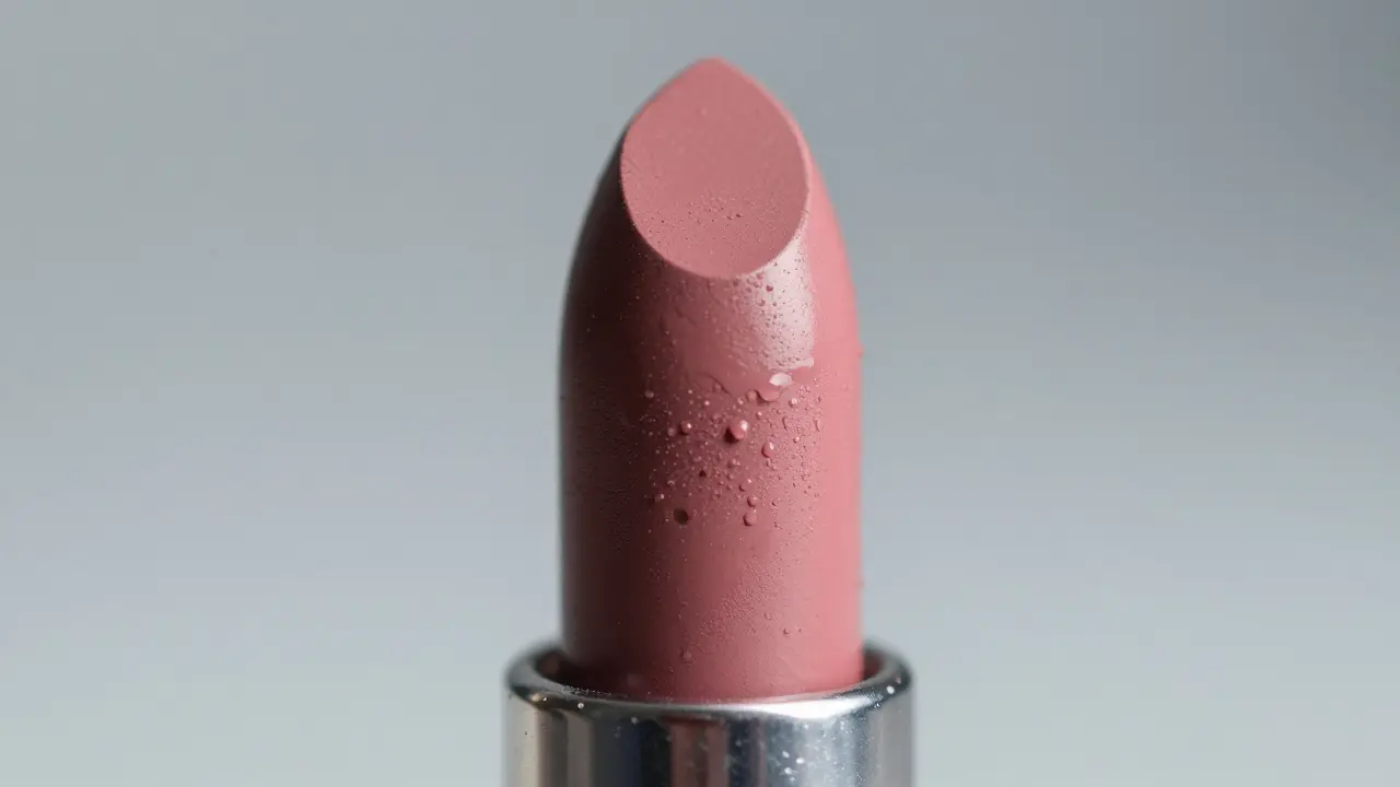 Detail zblízká na rtěnku s kapičkami oleje a nerovnoměrnou texturou.