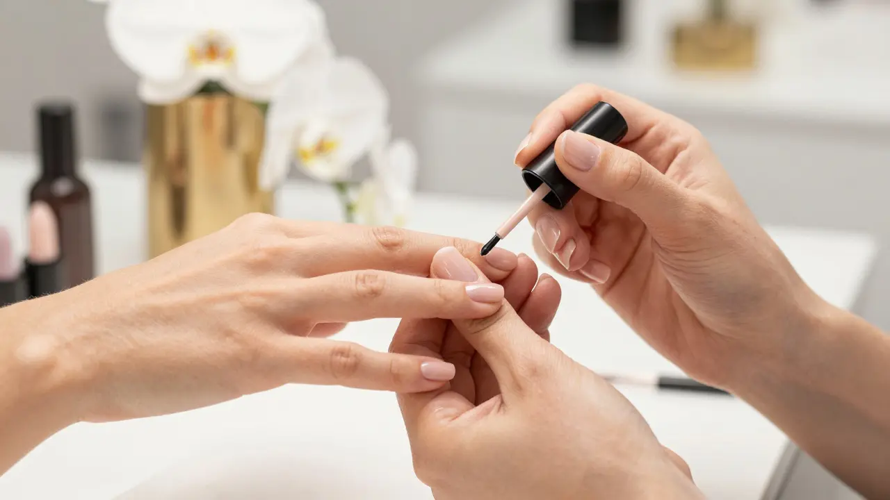 Detailní pohled na aplikaci nude hybridního laku v moderním nehtovém salonu.