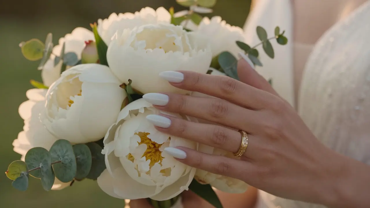 Elegantní mandlové nehty s mléčně bílým lakem a svatebním prstenem u kytice.