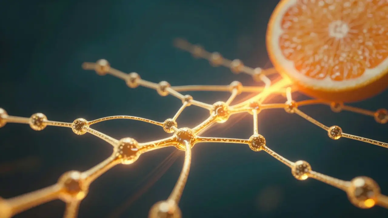 Konceptuální 3D vizualizace zlatých kolagenových vláken a molekul vitamínu C.