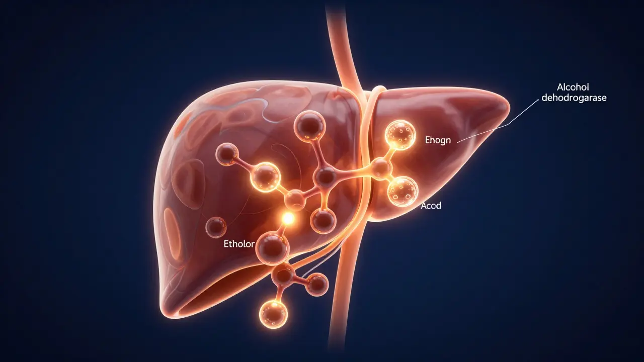 Konceptuální ilustrace jater při procesu odbourávání alkoholu v těle.