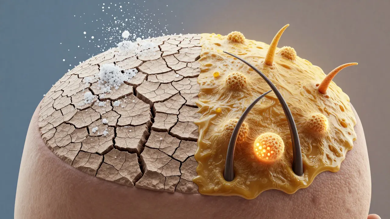 Konceptuální znázornení rozdílu mezi suchou pokožkou hlavy a seborrhoeou.