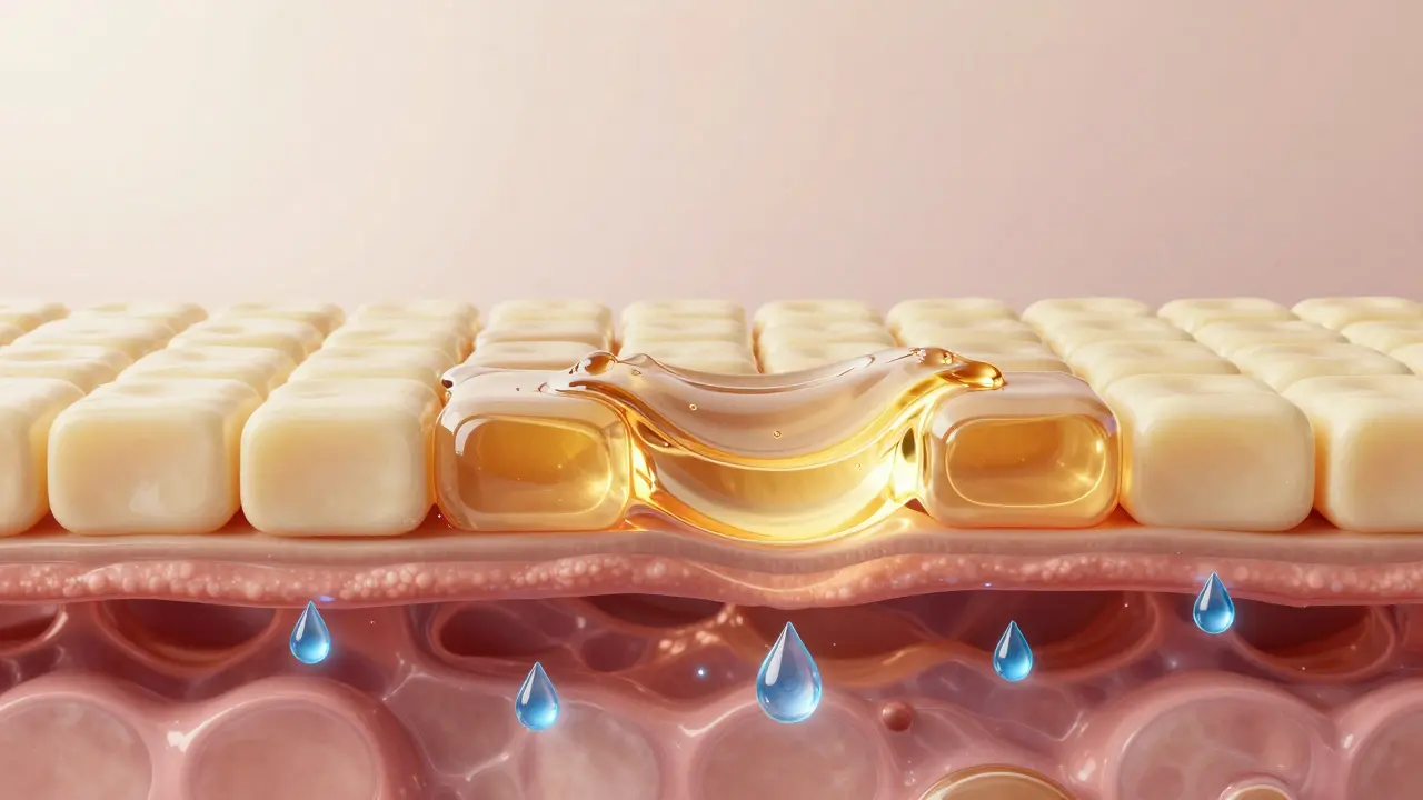 Konceptuální zobrazení obnovy kožní bariéry pomocí lipidů a hydratace.