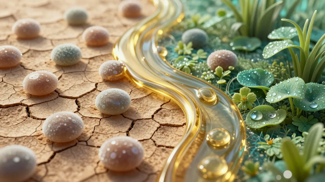 Konceptuální zobrazení ochranné lipidové vrstvy oleje na pokožce.