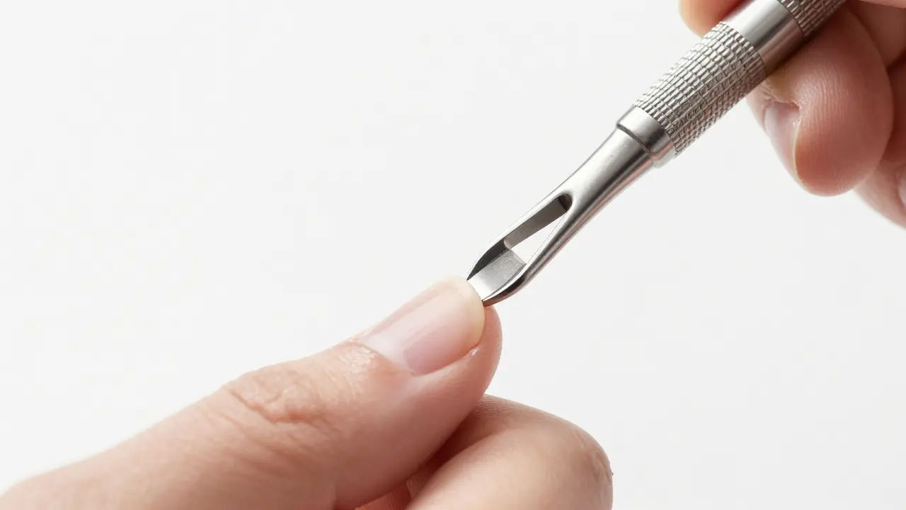 Kovový kroužek jemně odsouvájící kůžičku z nehtu pod správným úhlem.