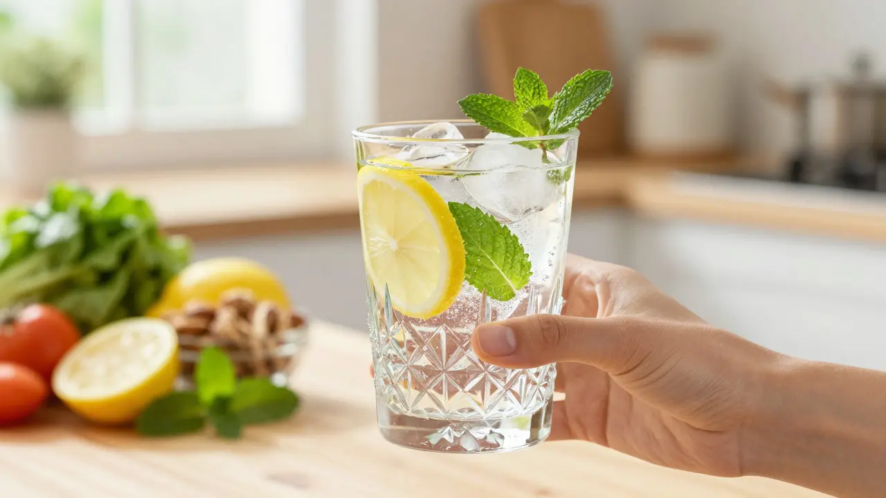 Křišťálová sklenice s perlivou vodou, citronem a mátou jako zdravá alternativa.