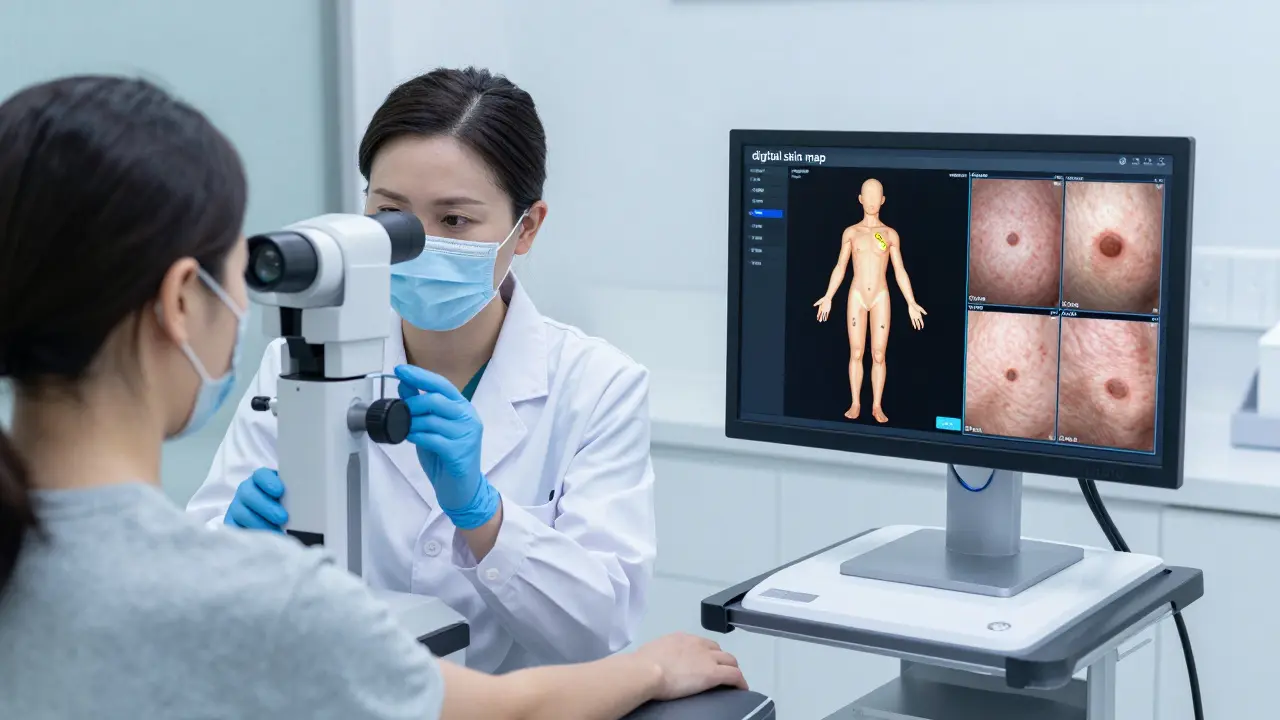 Lékař používá digitální dermatoskop a AI mapu kůže v moderní klinice.