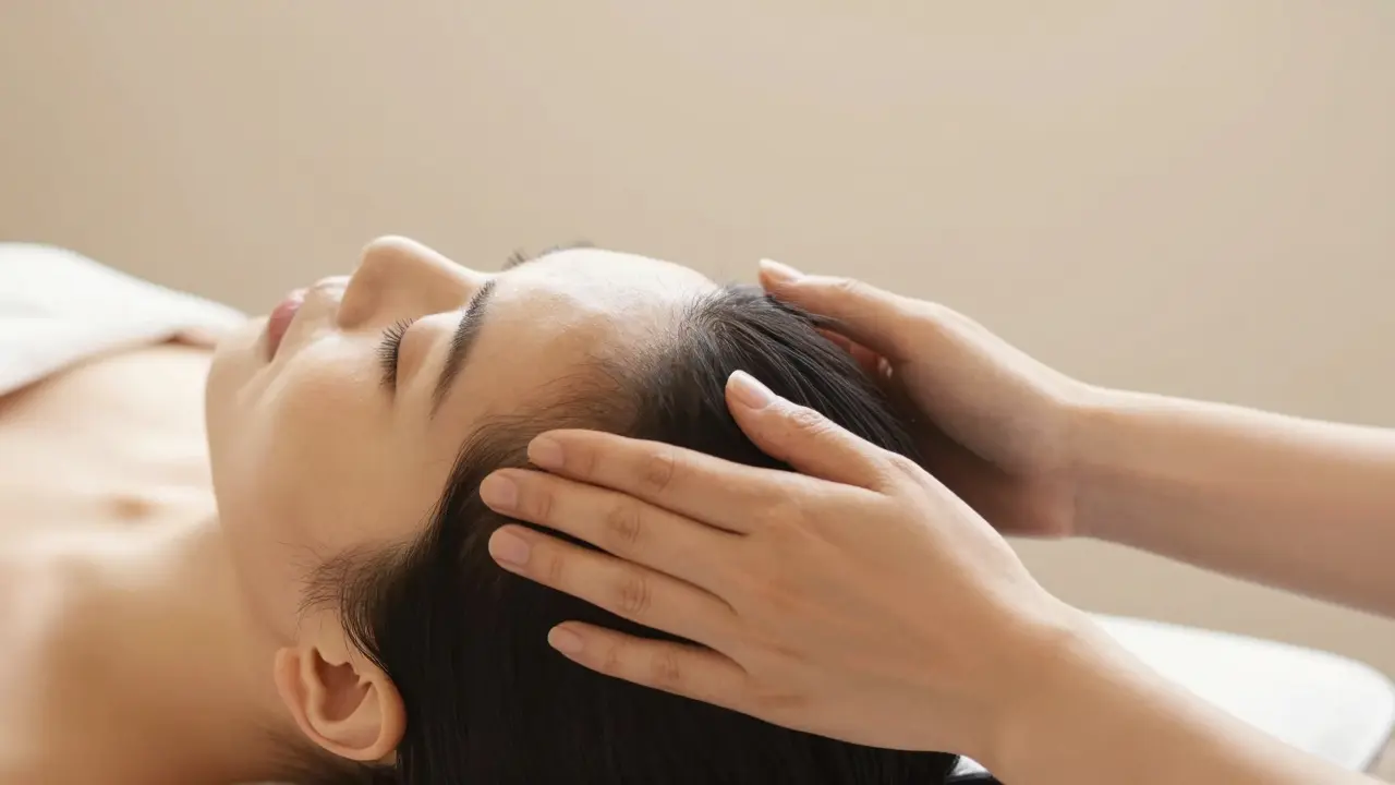 Osoba provádějící relaxační masáž pokožky hlavy pro stimulaci růstu vlasů.