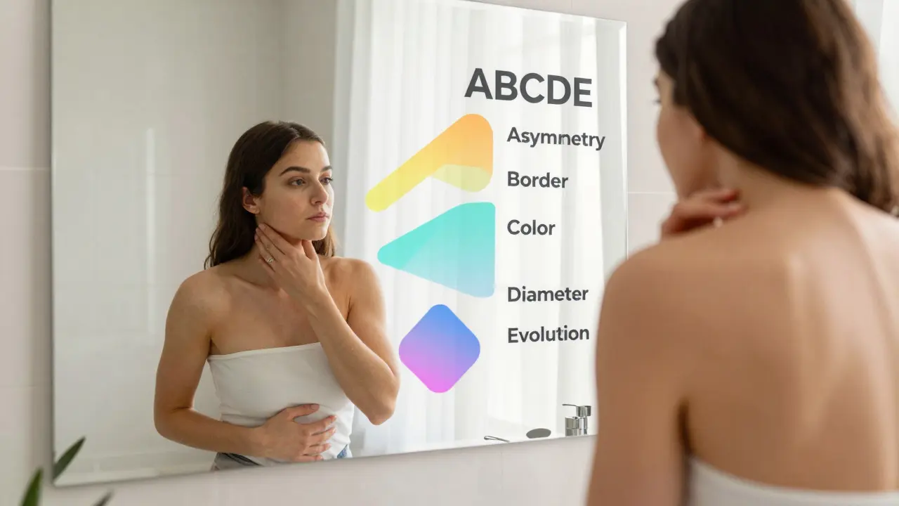 Osoba provádí domácí sebevyšetření kůže před zrcadlem v bright doprovodu symbolů ABCDE.