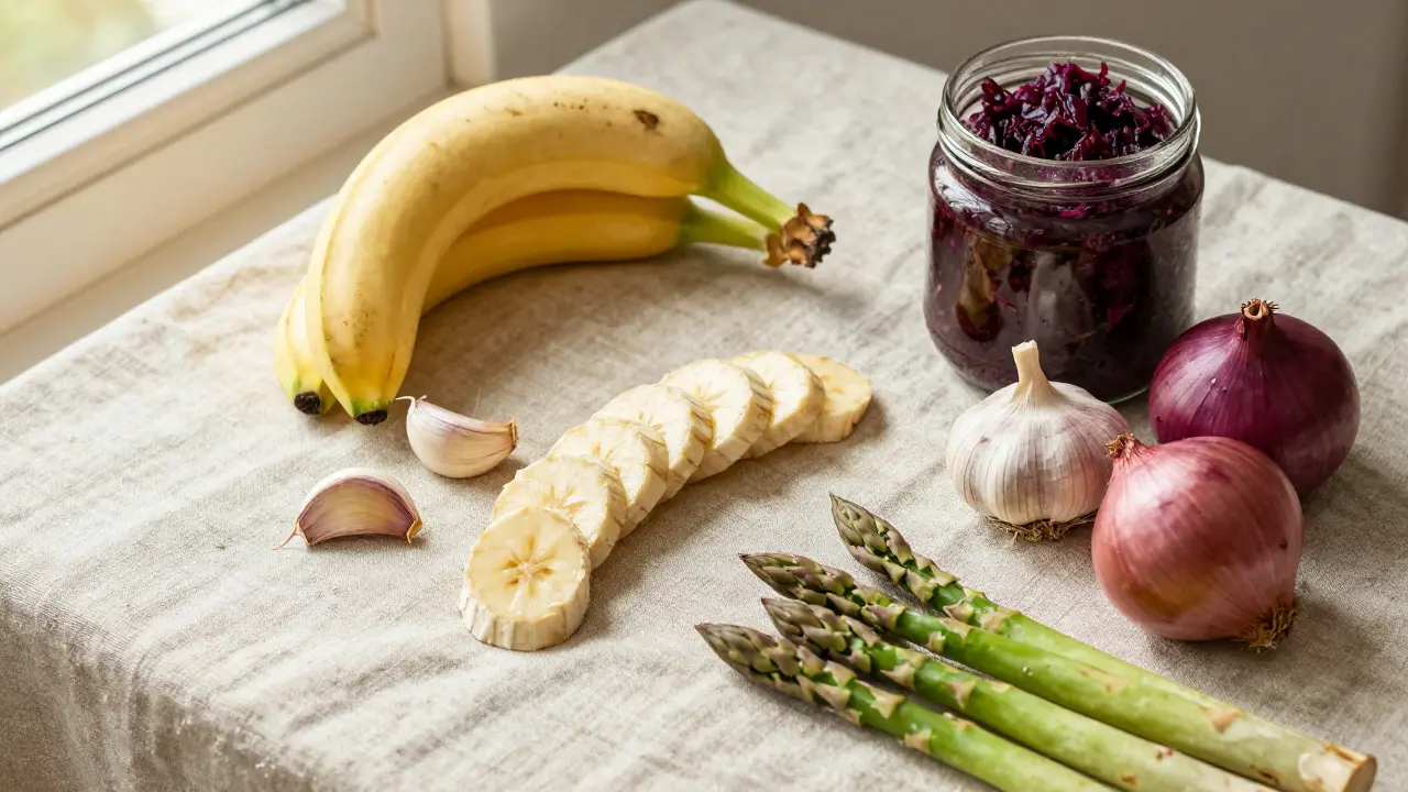 Sestava potravin bohatých na prebiotika, jako je banán a chřest.