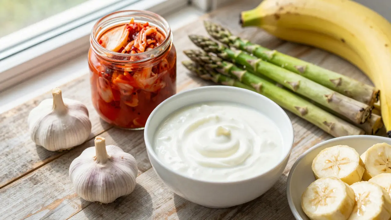 Sestava zdravých potravin pro střeva, včetně kimchi, kefiru, česneku a banánů.