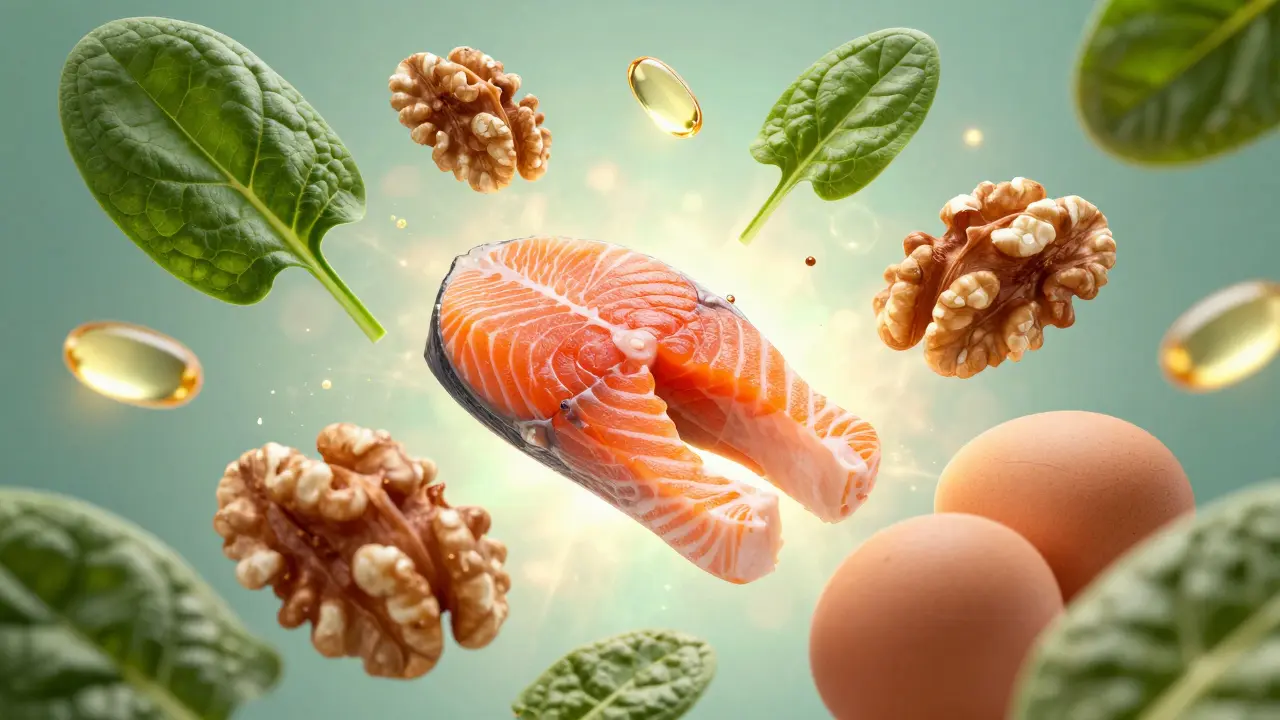 Složení zdravých potravin a vitamínů jako ryby, ořechy a špenát pro růst vlasů.