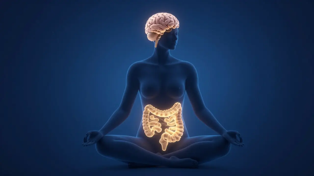 Snímek znázornující spojení mezi střevy a mozkem pomocí zlatého světla v lidském těle.