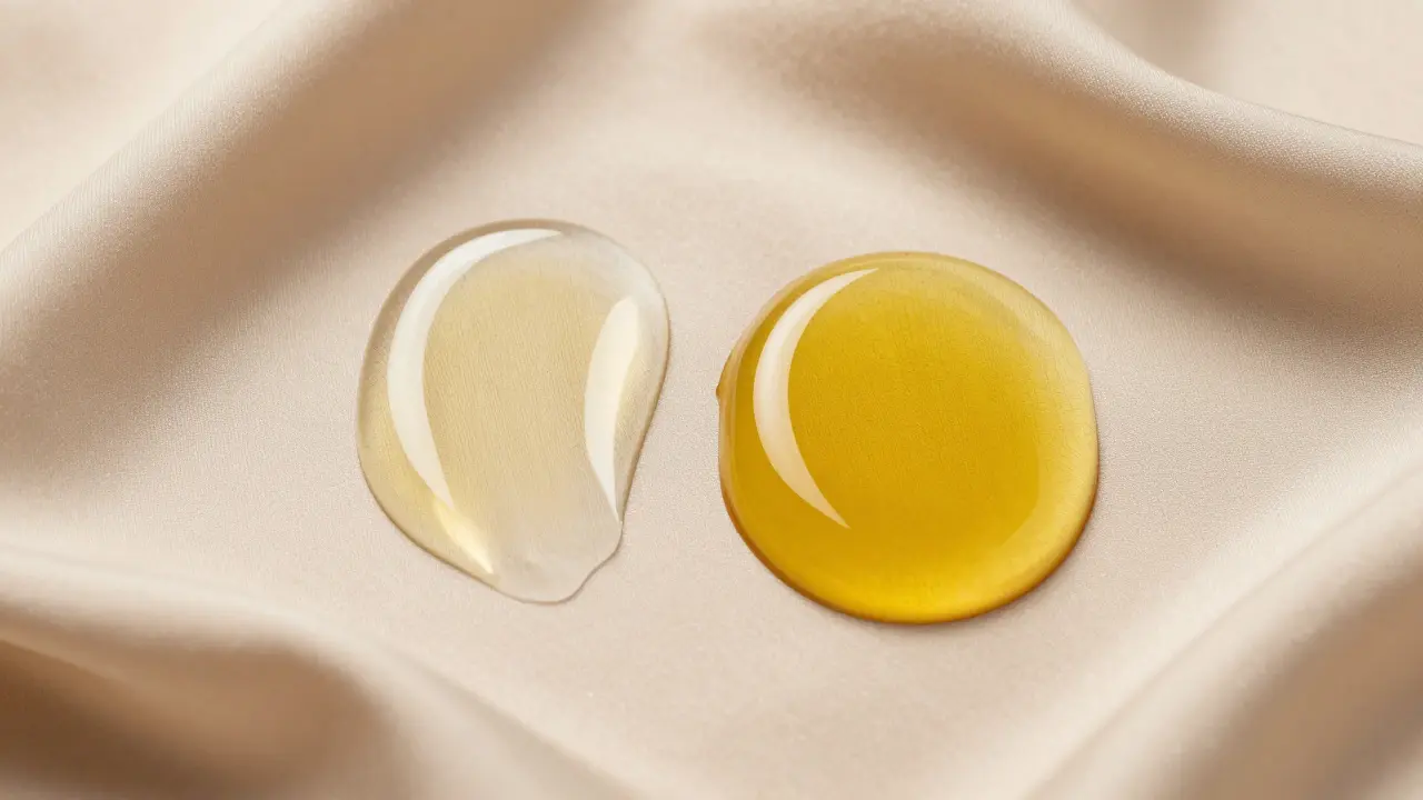 Srovnání textury lehkého a hustého rostlinného oleje na hedvábním podkladu.