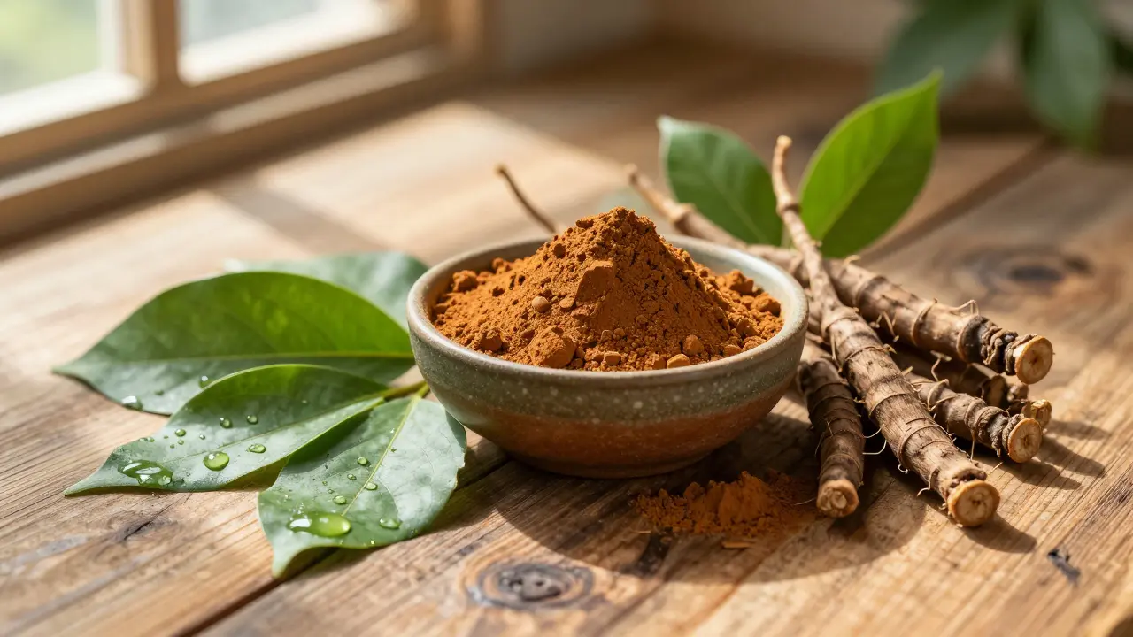 Stůl s kořeny Macy a Ashwagandhy v přirozeném ranním světle, symbolizující přírodní energii.