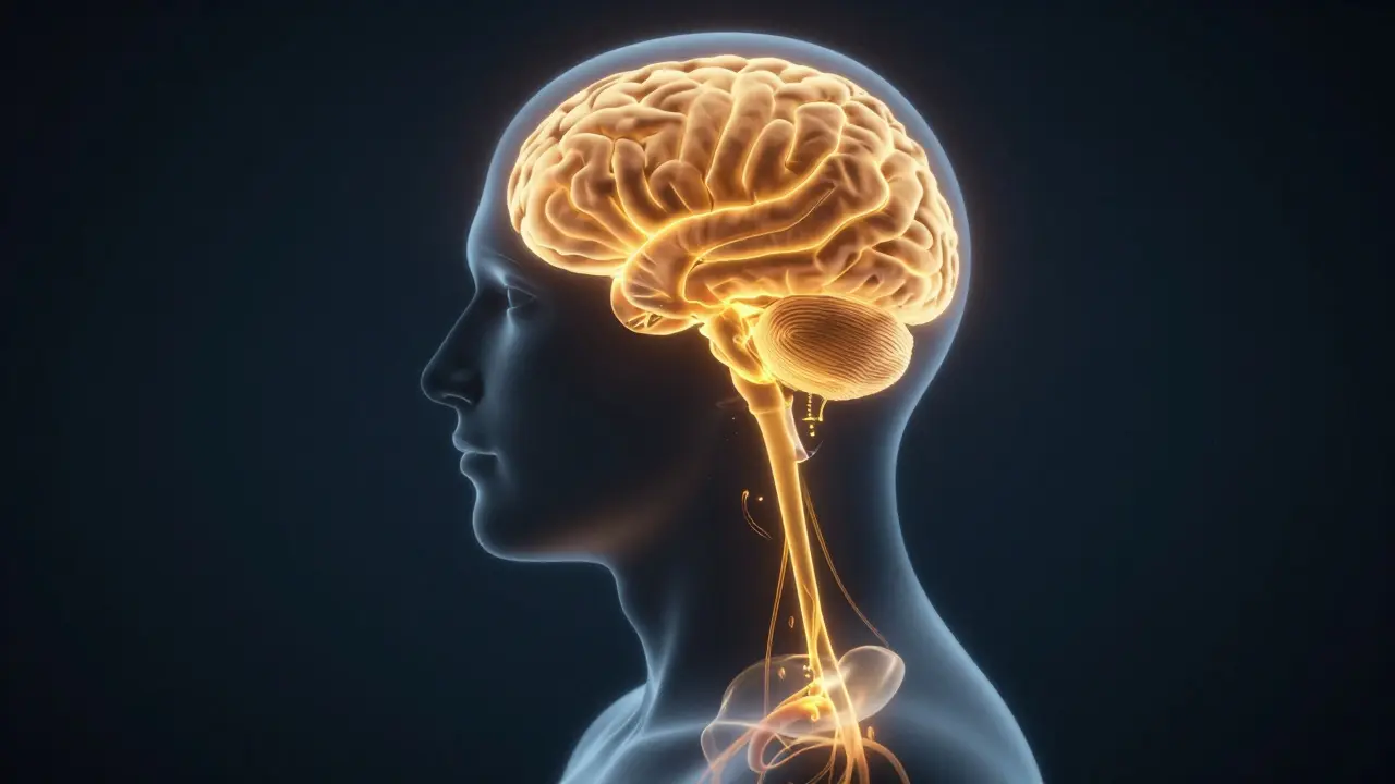 Umělecké znázornění dopaminového toku v mozku a prokrvení těla v zlaté barvě na tmavém pozadí.