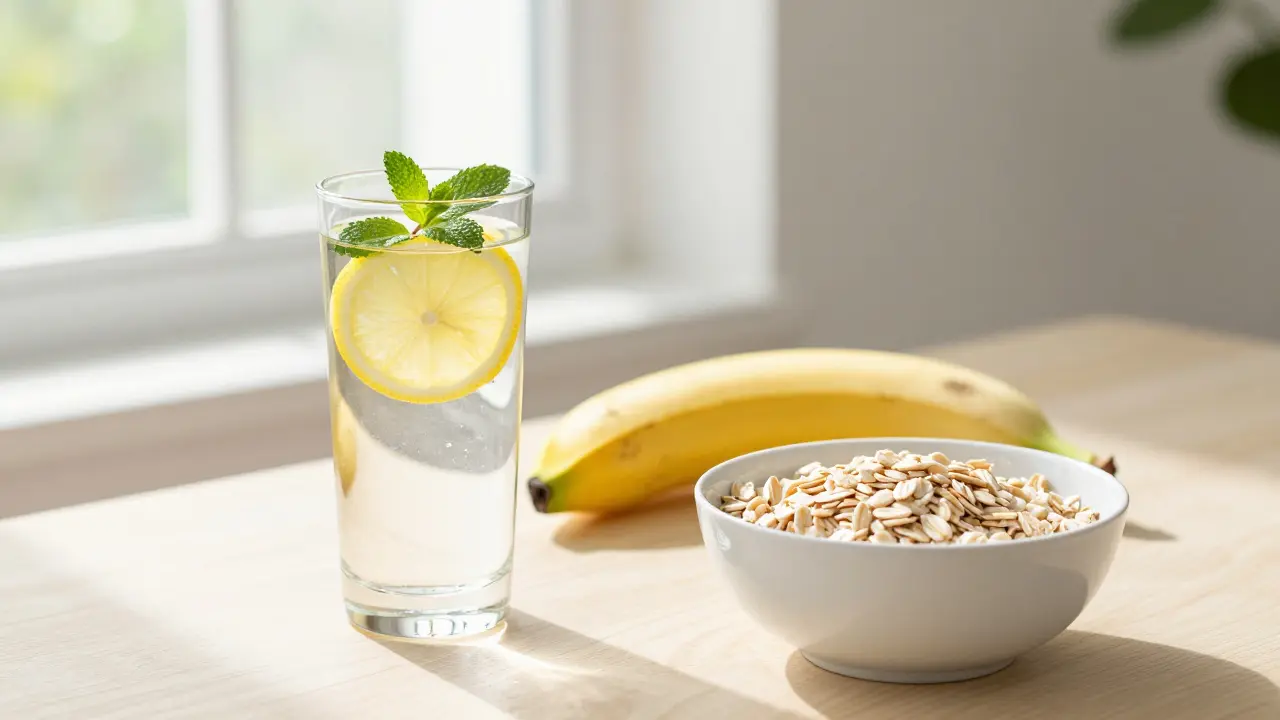 Zdravá snídaně s banánem a vodou s citronem pro regeneraci organismu po kocovině.
