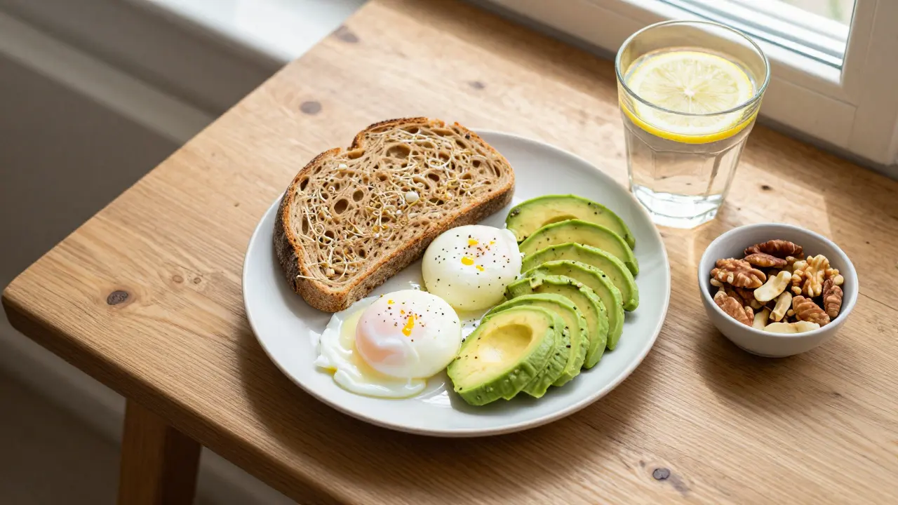Zdravá snídaně s vajíčky, avokádem a žitným chlebem v ranním světle.