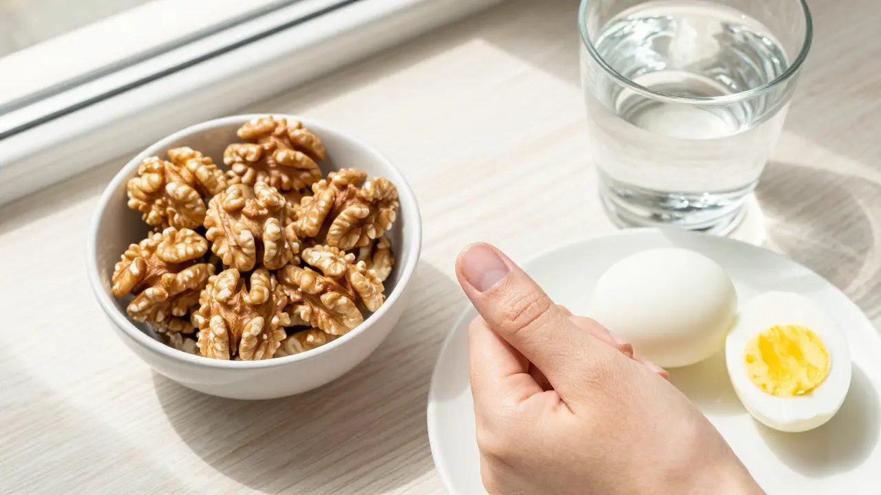 Zdravá strava pro regeneraci nehtů: vejce a ořechy na stole.