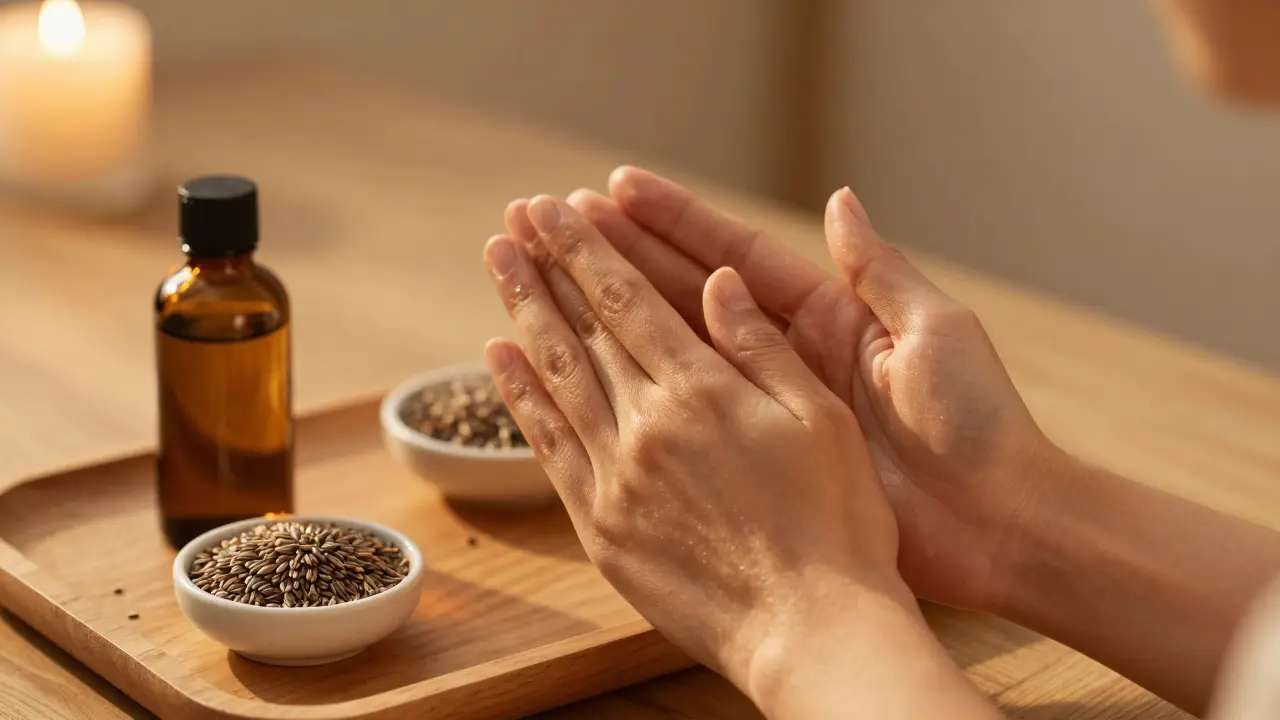 Žena aplikující obličejový olej tlakovou metodou dlaní pro zdravý vzhled pleti.