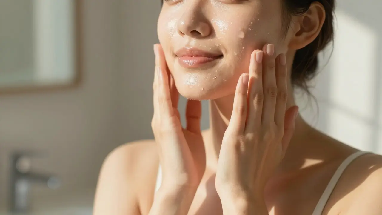 Žena s rozjasněnou pletí jemně vmasíruje olej do tváří během ranní rutiny.