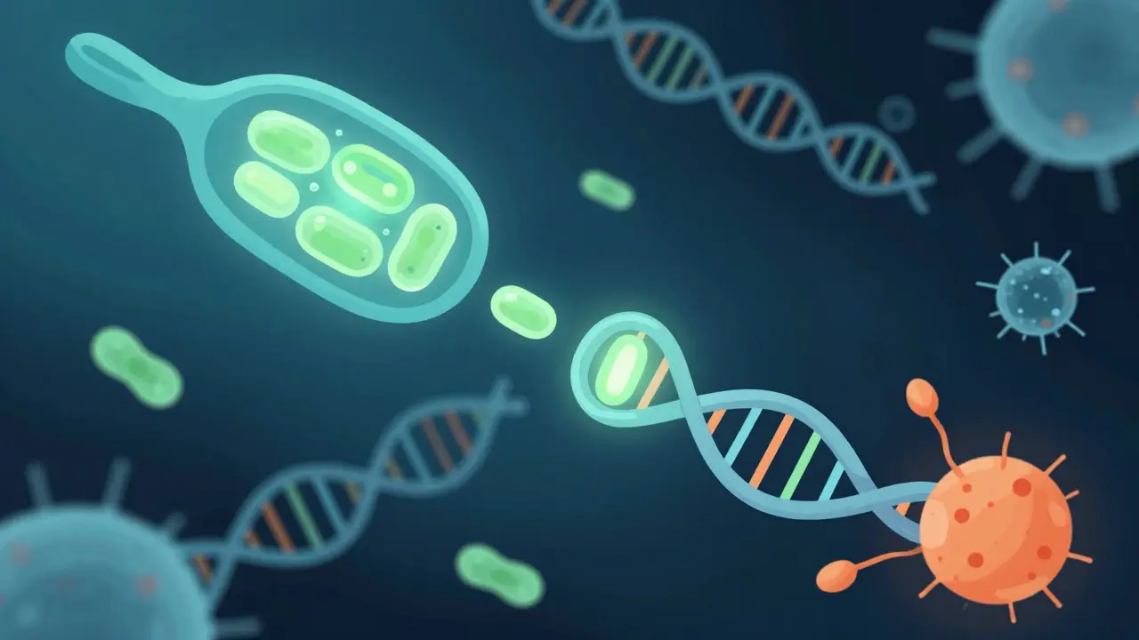 Abstraktní ilustrace buněčných procesů, mitochondrií a imunity podporovaných vitamíny.