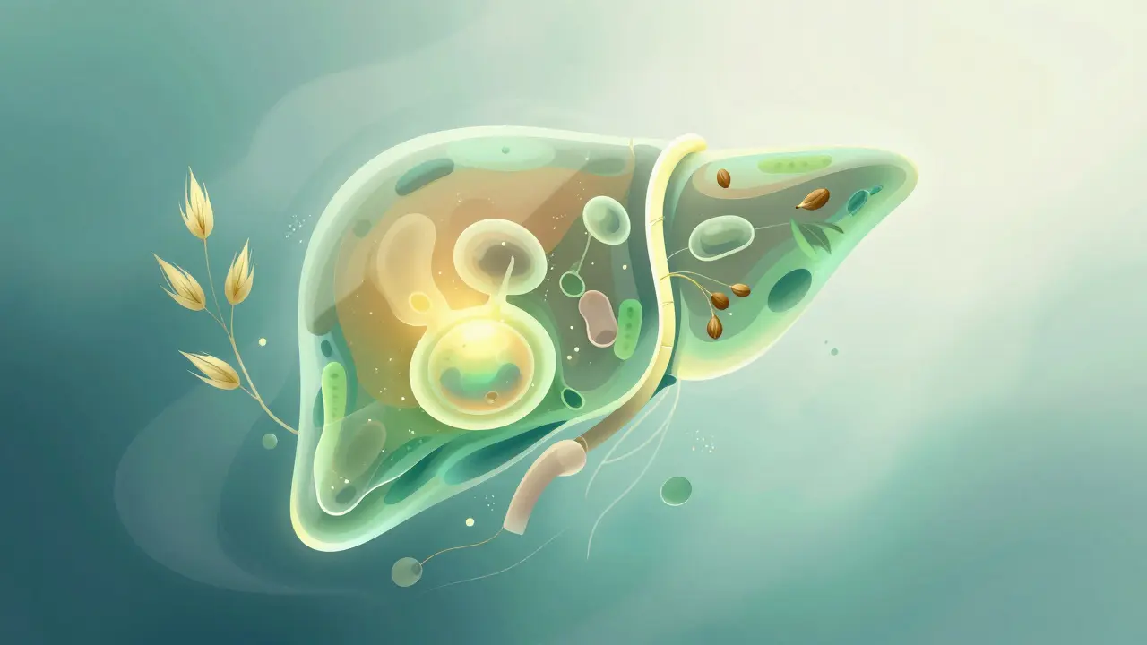Abstraktní ilustrace regenerace jater s ostropestřcem a ovsem