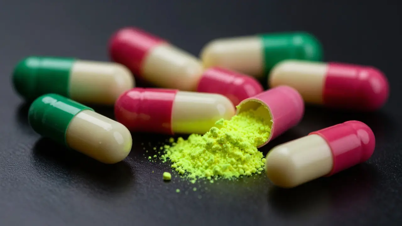 Detailní záběr na kapsle doplňků stravy symbolizující skrytá rizika multivitamínů