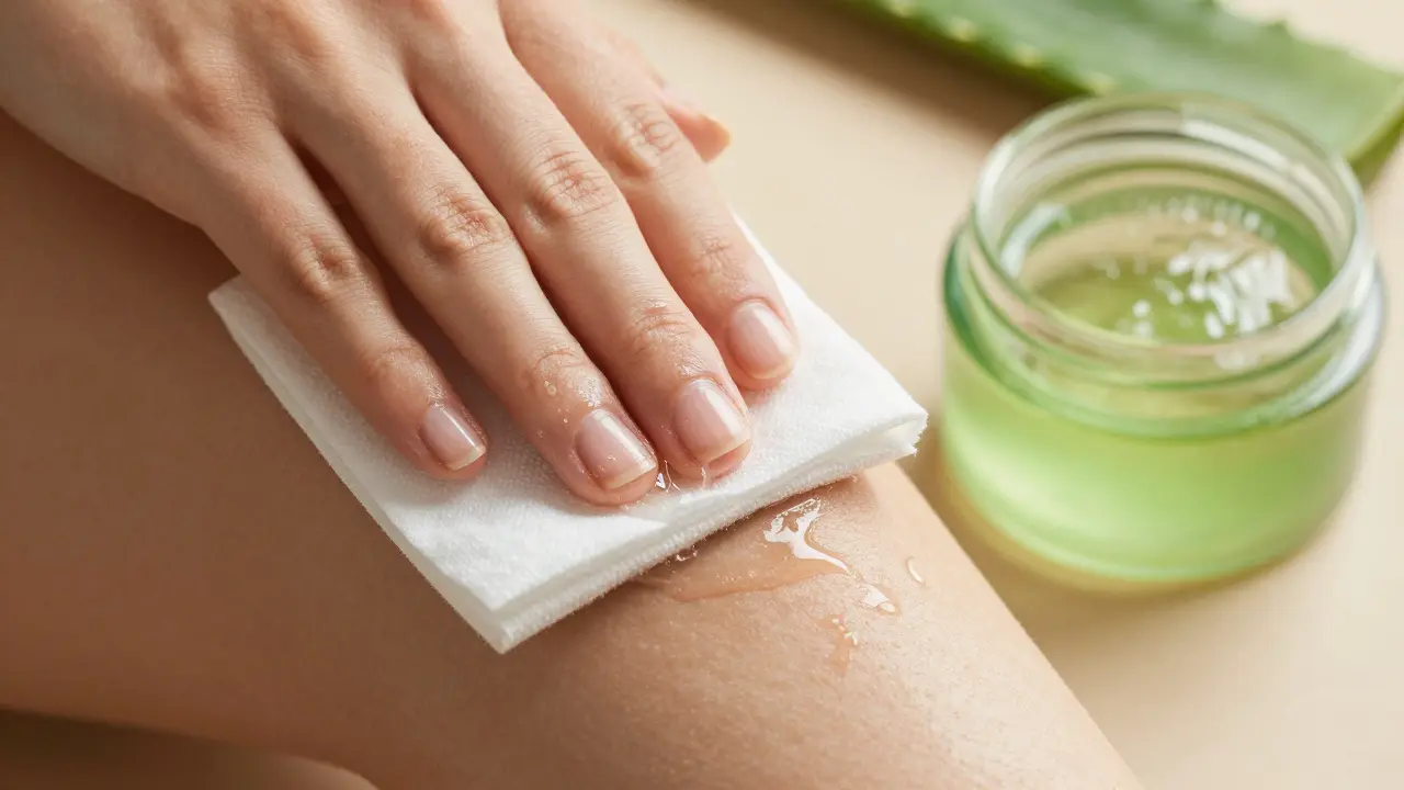 Jemná péče o kůži po holení s aloe vera gelem a měkkým ručníkem v klidném prostředí.