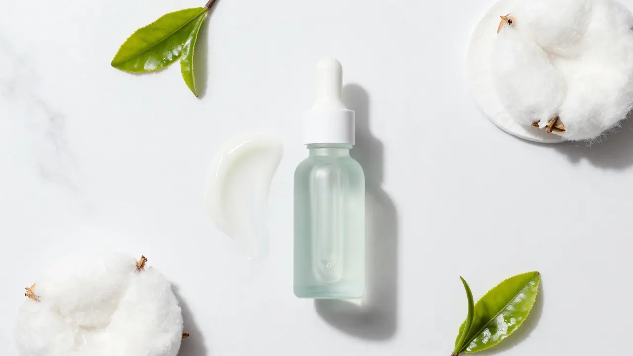 Minimální složení uklidňujících péčových produktů, séra a krému na bílém pozadí