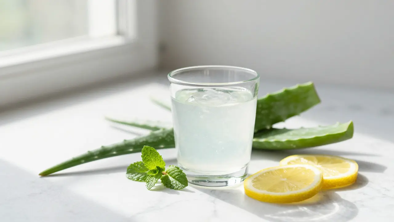 Sklenice s gelem aloe vera a citronem na bílém pultu