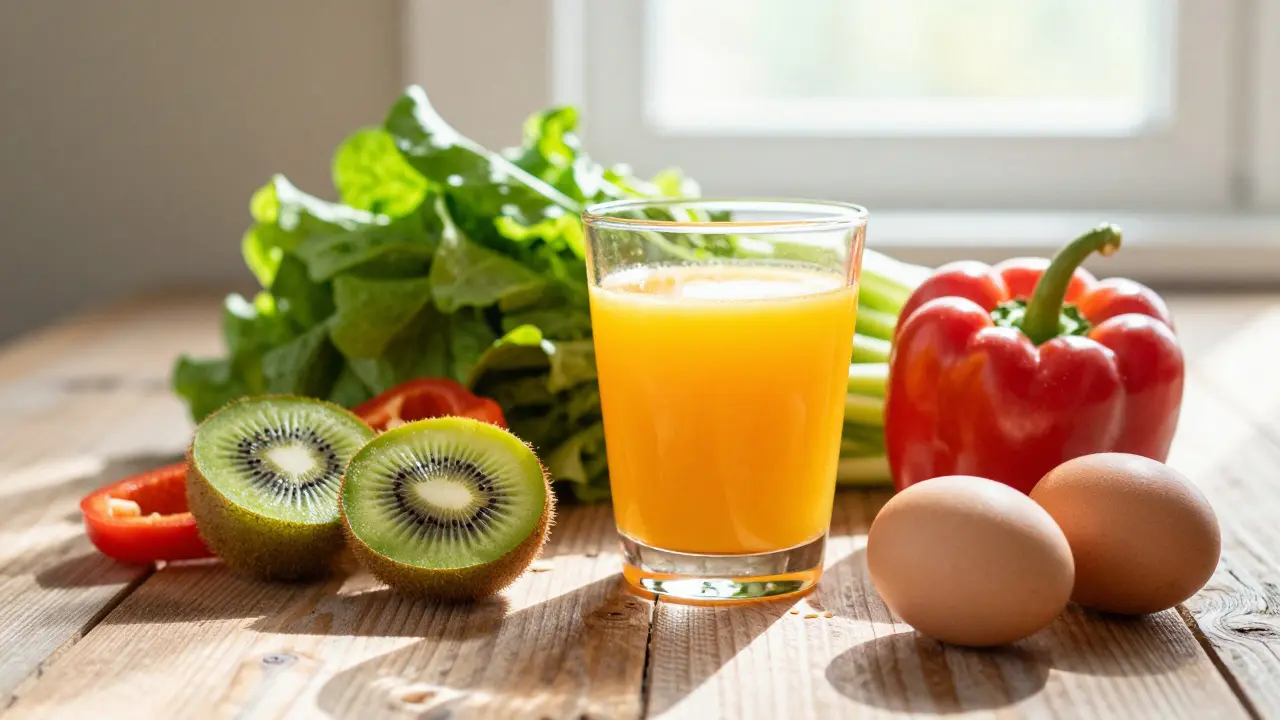Svěžím ovoce a zelenina na dřevěném stole jako zdroje vitamínu C
