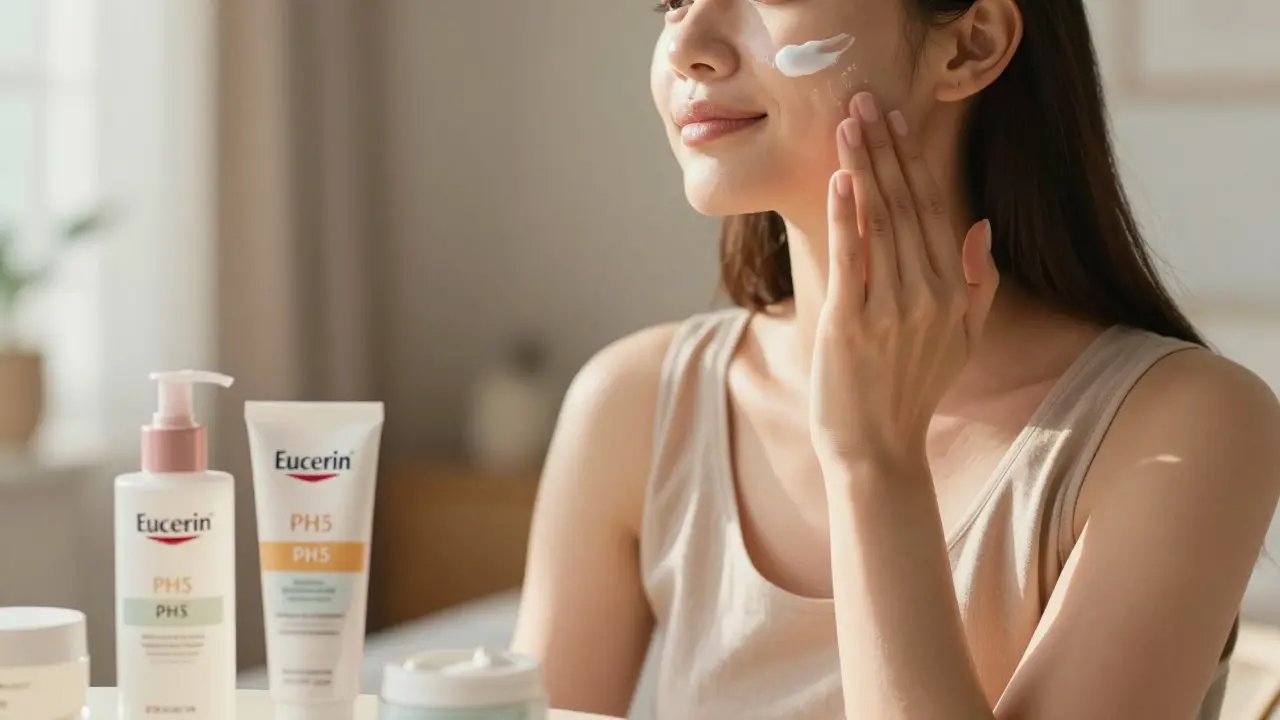 Žena nanáší Eucerin pH5 krém v klidném prostředí