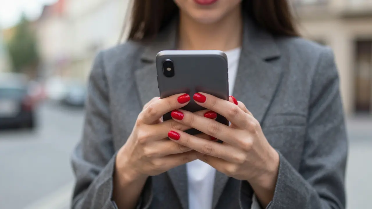 Žena s červenými nehty používající telefon s lehkostí