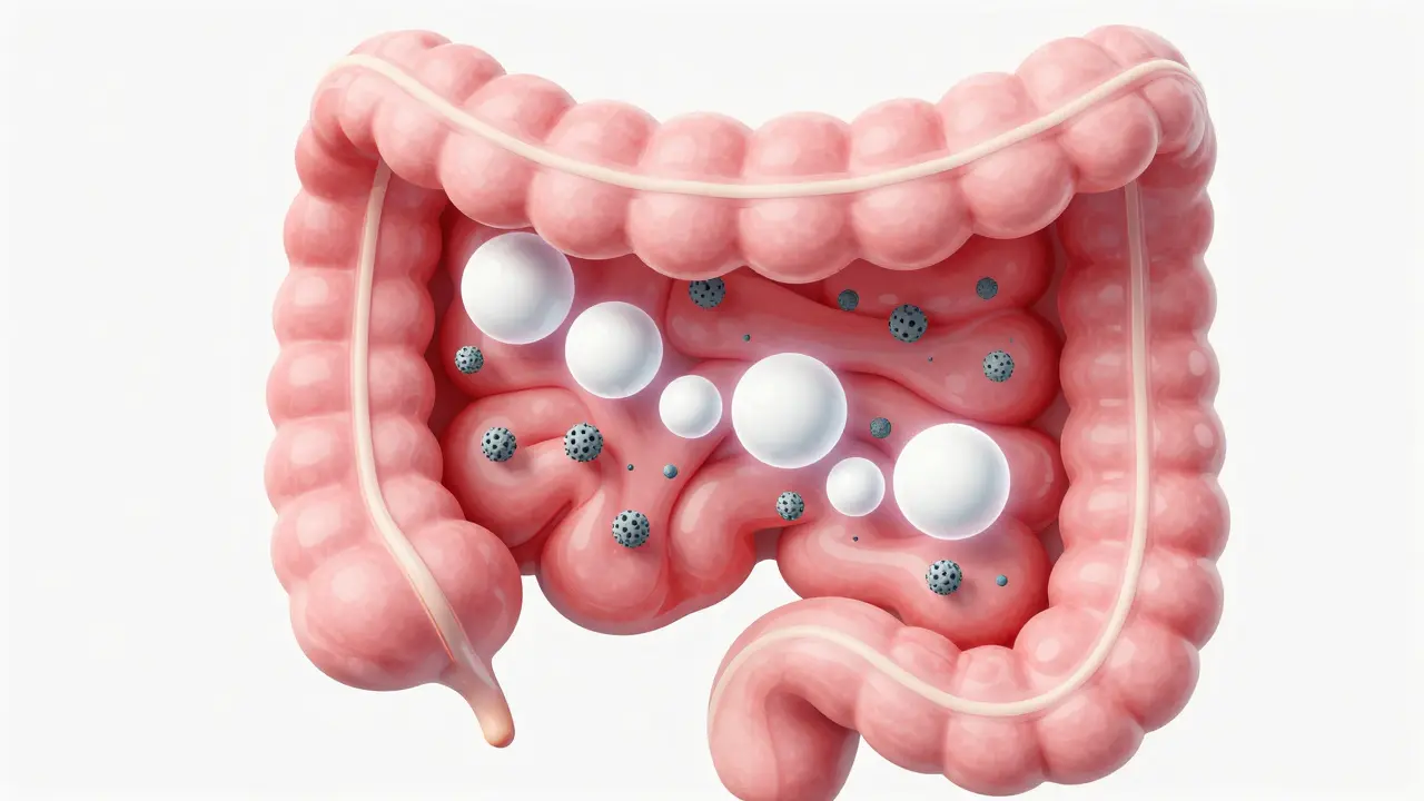 3D ilustrace střev, kde bílý gel váže šedé toxiny a alergeny
