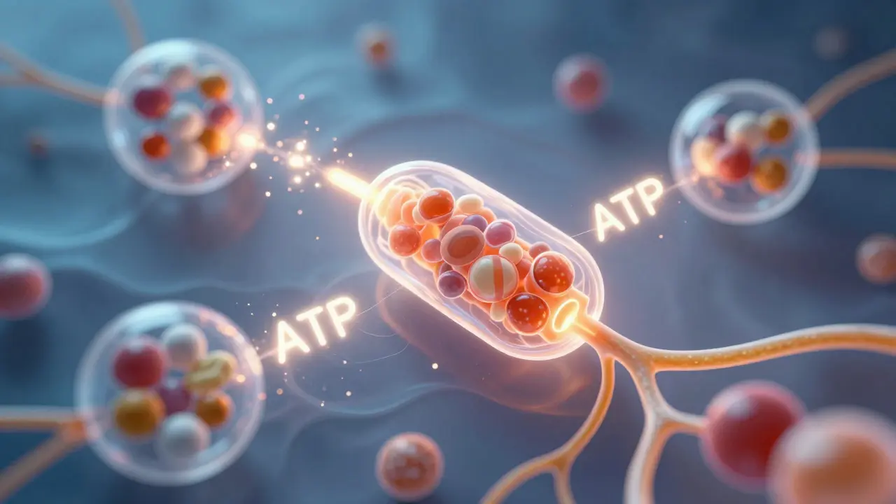 Abstraktní ilustrace buněčné energie a metabolismu podporovaného vitamíny B.