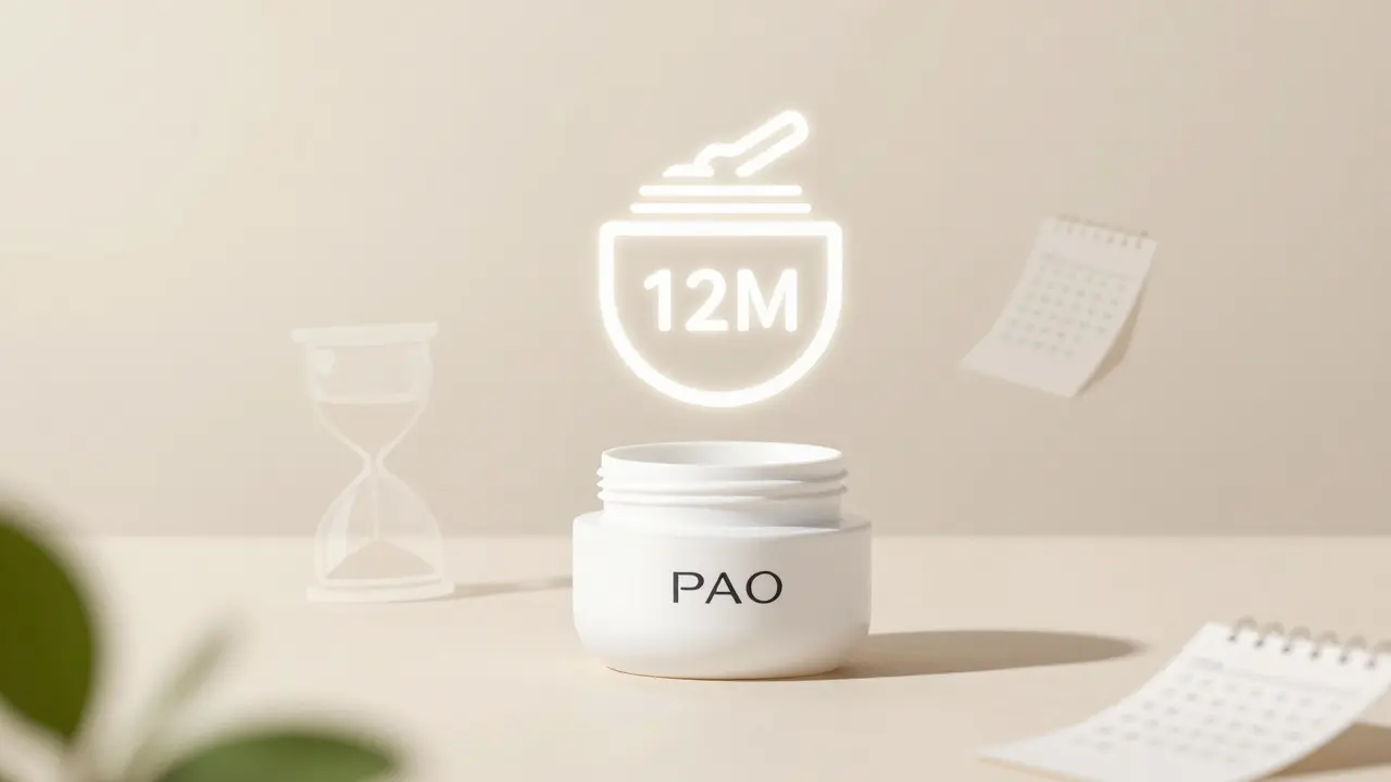 Ikona otevřeného víčka PAO vedle krému na neutrálním pozadí