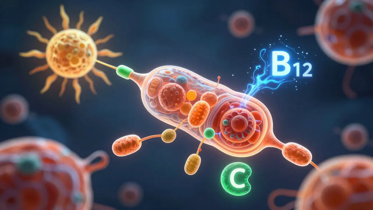 Ilustrace buněčného metabolismu s vitamíny a mitochondriemi