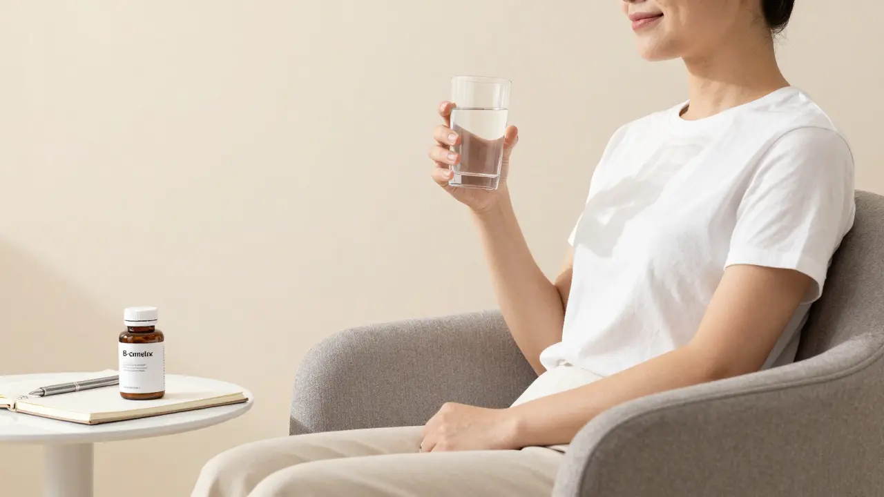 Klidná osoba s doplňky stravy, symbolizující zdraví nervů a energii.