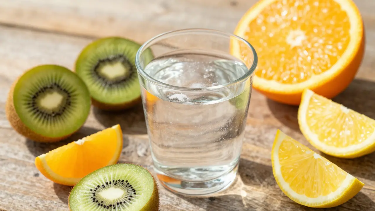 Sklenice s kolagenem a ovocem bohatým na vitamin C na dřevěném stole
