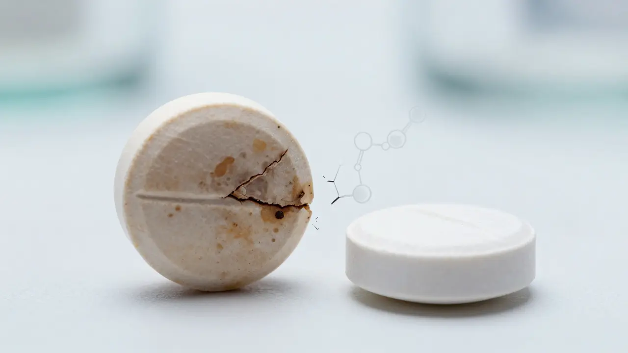 Znehodnocená hnědá tableta vedle čerstvé bílé tablety ukazující oxidaci