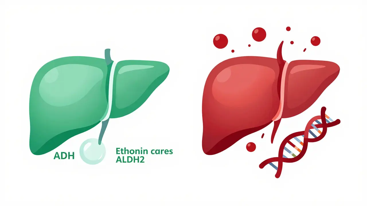 Ilustrace hromadění toxinů v játrech při metabolizaci alkoholu