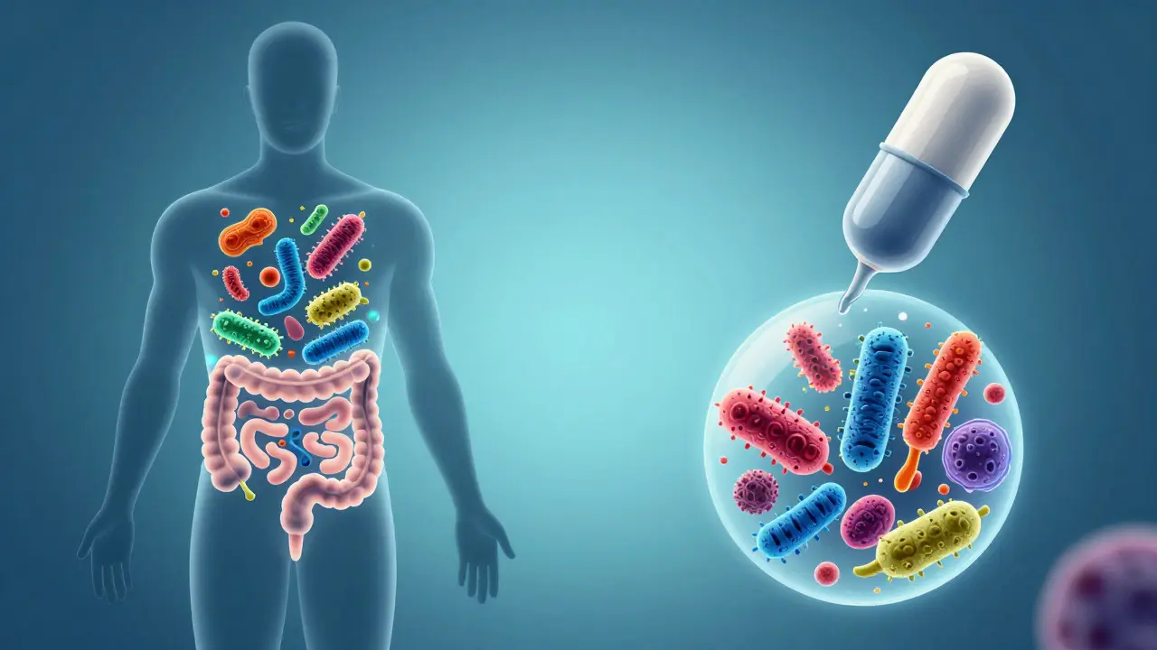 Konceptuální ilustrace střevního mikrobiomu a doplňků stravy v modrých tónech